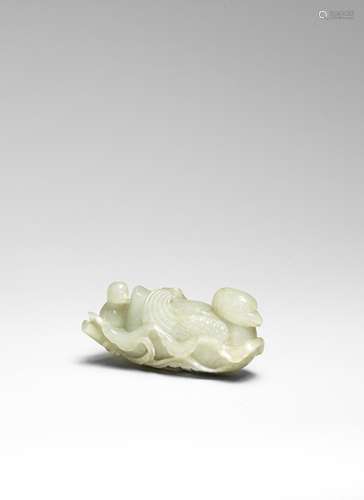 A PALE GREEN JADE CARVING OF A 'DUCK AND DUCKLING' GROUP 17t...