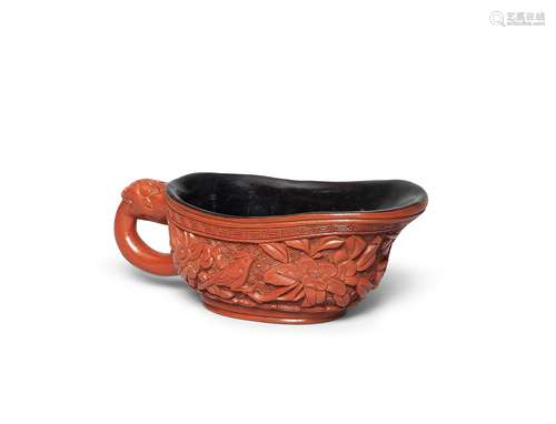 A CARVED CINNABAR LACQUER POURING VESSEL, YI First half 17th...