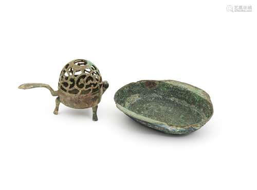 AN ARCHAIC BRONZE INCENSE BURNER AND COVER AND A BRONZE 'EAR...