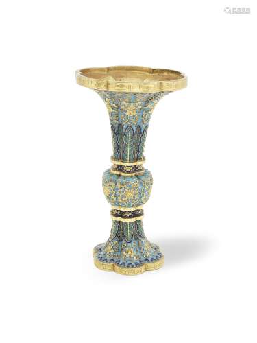 A RARE CHAMPLEVÉ ENAMEL AND GILT-BRONZE SIX-LOBED BEAKE...