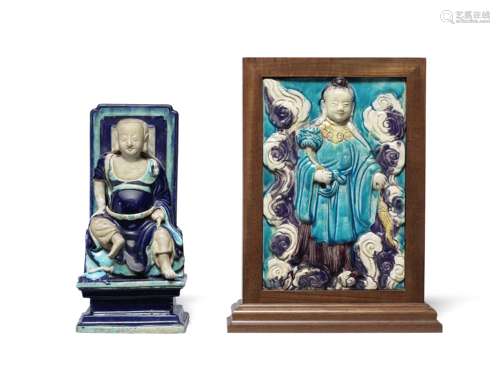 A FAHUA MODEL OF ZHENWU AND A FAHUA FIGURAL TILE Late Ming D...