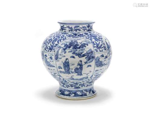 A LARGE BLUE AND WHITE OVIFORM JAR Late Ming Dynasty