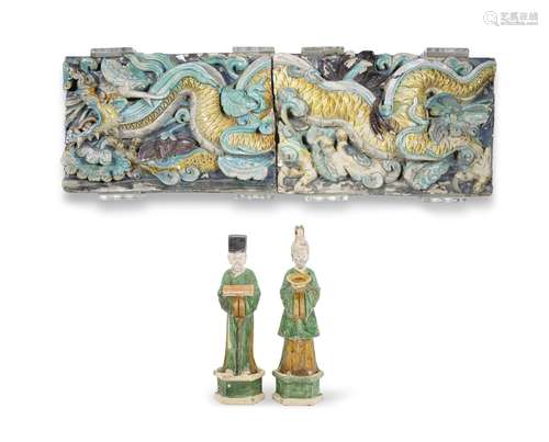 A LARGE FAHUA TWO-PART TILEWORK 'DRAGON' FRIEZE Ming Dynasty...