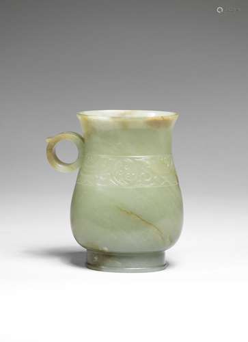 A RARE PALE GREEN AND RUSSET JADE VESSEL, ZHI Ming Dynasty