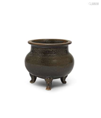 A black and russet-glazed globular tripod incense burner Tan...