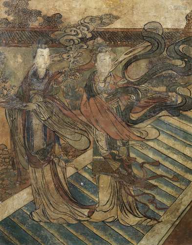 A WALL FRESCO FRAGMENT OF TWO LADIES Ming Dynasty