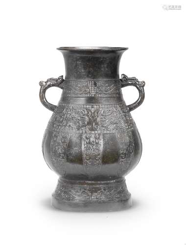 A RARE AND LARGE ARCHAISTIC BRONZE VASE, HU Ming Dynasty