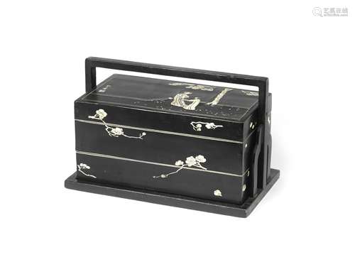 A BONE-INLAID BLACK LACQUER TWO-TIERED RECTANGULAR PICNIC BO...