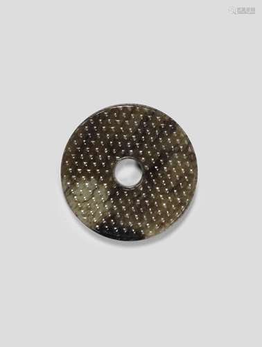 AN ARCHAIC PALE GREEN AND BLACK JADE DISC, BI Eastern Zhou D...