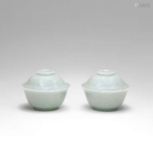 A FINE AND RARE PAIR OF JADEITE BOWLS AND COVERS Qianlong (6...