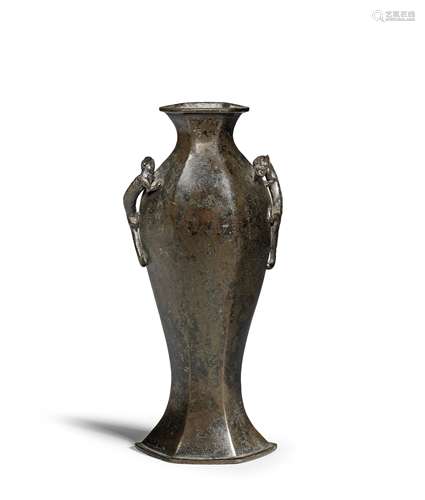 A RARE BRONZE HEXAGONAL BALUSTER VASE Yuan/Ming Dynasty