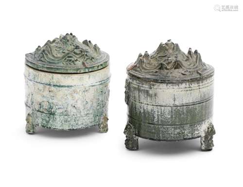 TWO GREEN-GLAZED POTTERY TRIPOD INCENSE BURNERS AND COVERS, ...