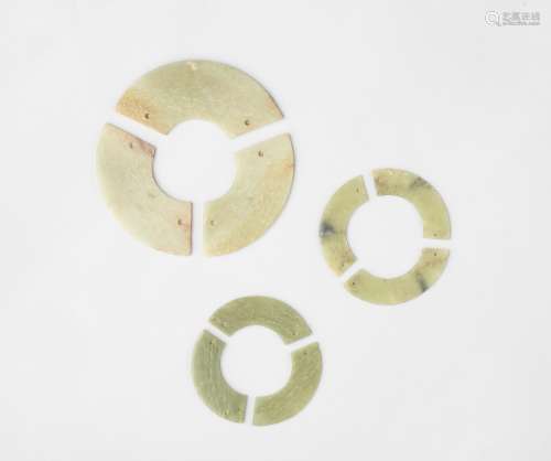 THREE SETS OF ARCHAIC JADE TRIPLE-CRESCENT-SHAPED PLAQUES, H...