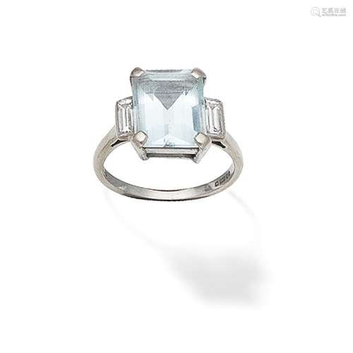 AQUAMARINE AND DIAMOND-SET RING,