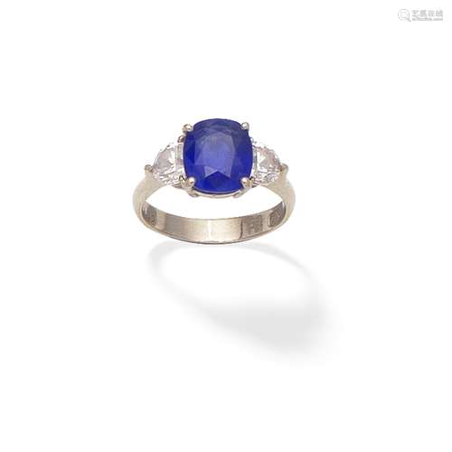 SAPPHIRE AND DIAMOND THREE-STONE RING