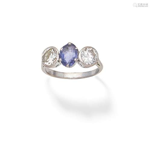 SAPPHIRE AND DIAMOND THREE-STONE RING