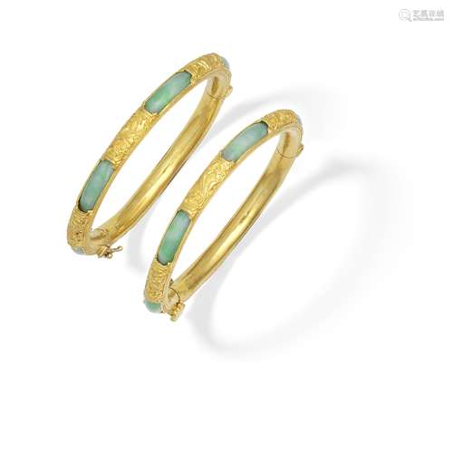 PAIR OF JADE-SET BANGLES (2)