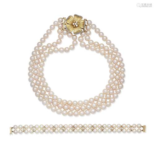 CULTURED PEARL AND DIAMOND NECKLACE AND BRACELET (2)