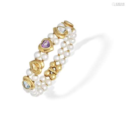 CULTURED PEARL AND MUTLI GEM-SET BANGLE