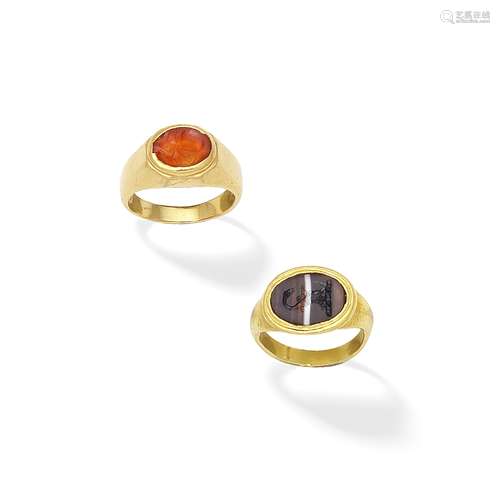 BANDED AGATE INTAGLIO RING AND BULGARI: CARNELIAN INTAGLIO R...