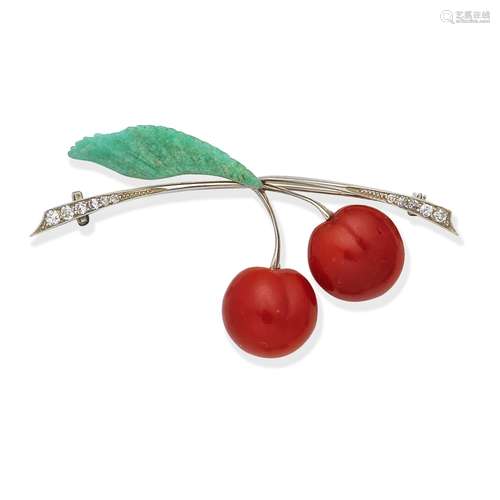 CORAL, AMAZONITE AND DIAMOND CHERRY BROOCH