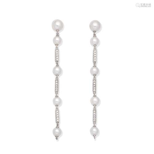 CULTURED PEARL AND DIAMOND PENDENT EARRINGS