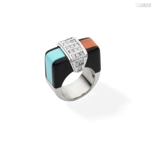 ONYX, TURQUOISE, CORAL AND DIAMOND-SET DRESS RING