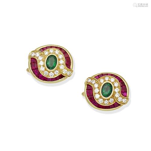 EMERALD, RUBY AND DIAMOND CUFFLINKS