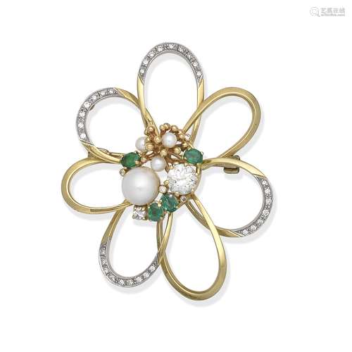 DIAMOND, EMERALD AND CULTURED PEARL-SET BROOCH