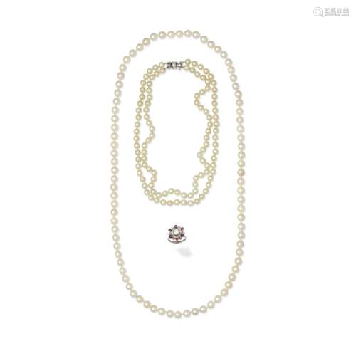 TWO CULTURED PEARL NECKLACES AND A CULTURED PEARL AND RUBY R...