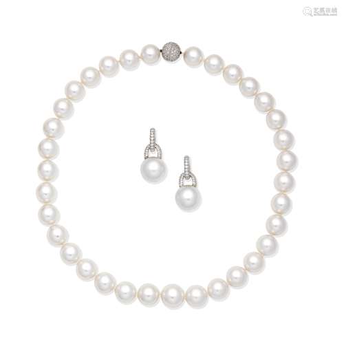 CULTURED PEARL AND DIAMOND-SET NECKLACE AND PENDENT EARRINGS...