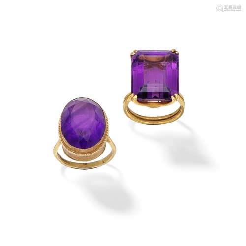 TWO AMETHYST-SET RINGS (2)