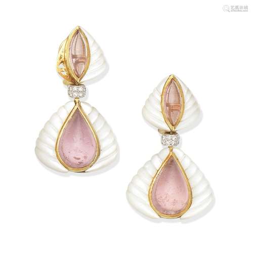 VASARI: TOURMALINE, MOTHER-OF-PEARL AND DIAMOND-SET EARCLIPS