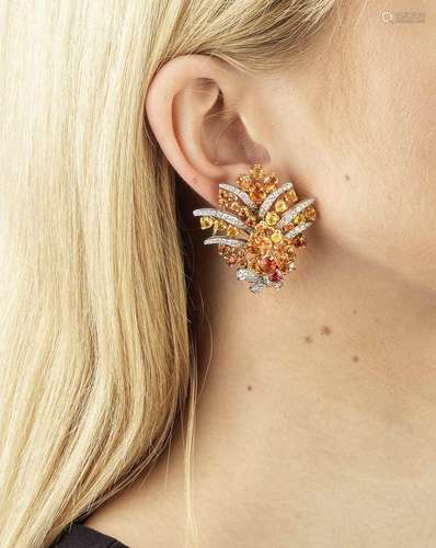 CITRINE, SAPPHIRE AND DIAMOND BROOCH AND EARCLIP SUITE (2)