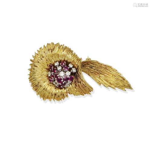 RUBY AND DIAMOND-SET BROOCH,