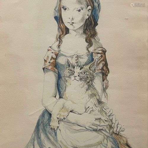 Léonard FOUJITA (1886 1968) Fillette au chat. 195…