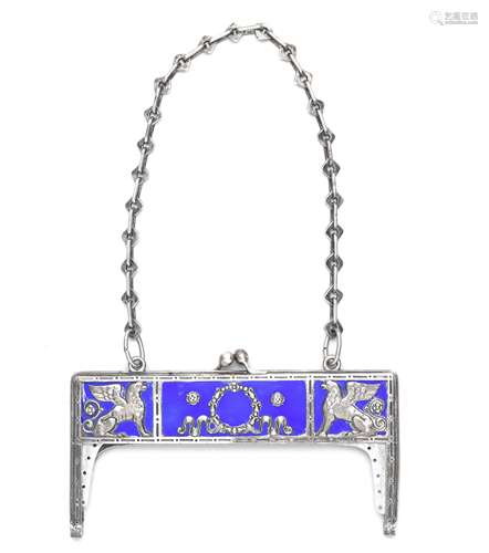 A silver enamel evening bag frame Fabergé under Imperia...