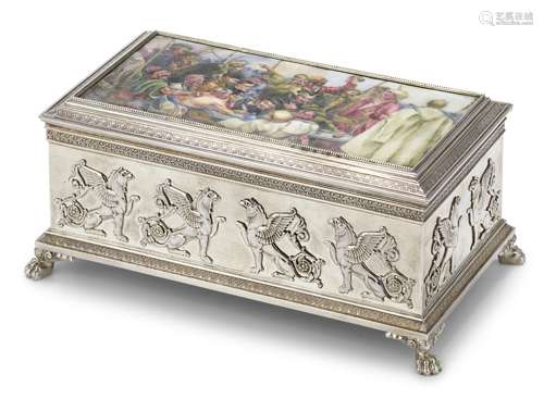 A silver and pictorial enamel neo-classical boxFabergé,...