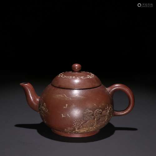 大紅袍紫砂堆雕山水圖茶壺