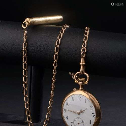 Montre de gousset en or jaune 18k, le cadran émaillé blanc à...