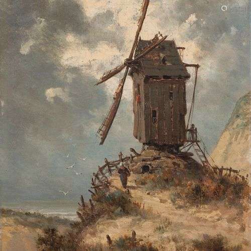 ECOLE DU XIXe SIECLE Le moulin dans les dunes. Huile sur toi...