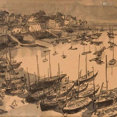 Jules CHADEL (1870-1942) Le port de Douarnenez. Encre et lav...