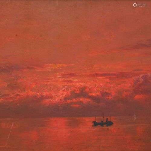 Georges GONTHIER (1886-1969) Bateau au coucher de soleil. Hu...