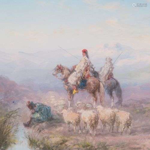Paul PASCAL (1839-c.1905) Cavaliers et troupeau de moutons. ...