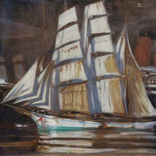 Vicente SANTAOLARIA (1886-1967) Voilier au port. Huile sur t...