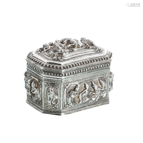 Burmese figural apsara silver box
