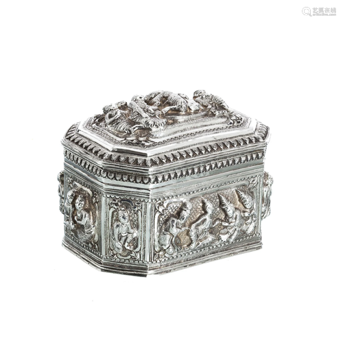 Burmese figural apsara silver box