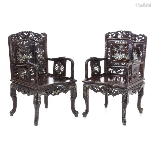 Pair of Chinese armchairs with mother of pearl, Minguo