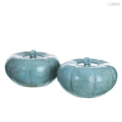 Pair of Chinese porcelain pumpkin boxes
