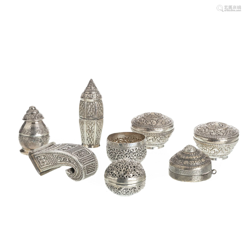 Seven Burmese silver boxes and flowerpot set